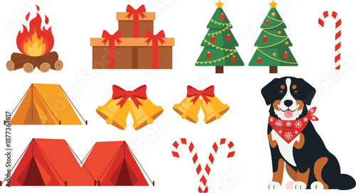 Christmas camping icons set, festive tent, dog, campfire, gift boxes, bells, trees, candy canes, cute holiday cartoon vector illustration