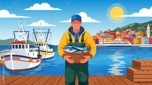 Fisherman proudly displaying his fresh catch of the day in a charming coastal town harbor