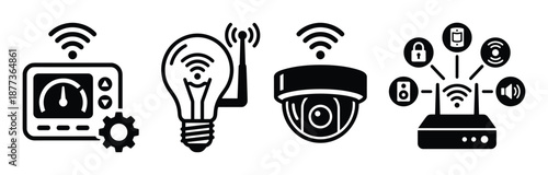 Collection of smart home icons, representing connected devices, control and automation for modern lifestyle.