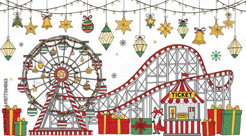 Christmas carnival illustration, festive amusement park, ferris wheel, roller coaster, holiday decorations, gift boxes, winter fair, hand drawn vector for greeting design