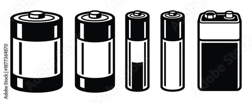 Collection of various battery types vector illustration. Includes AA, AAA, C, D, and 9-volt batteries in black and white.
