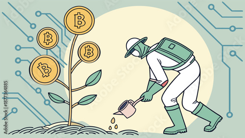 Nurturing Digital Wealth: An illustration depicts the growth of cryptocurrency, with a figure tending to a Bitcoin plant within a digital landscape, symbolizing investment and potential returns.