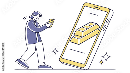 Digital Investment: Person is interacting with their mobile phone, with illustration of gold bars, showing modern day digital finance, and wealth management, focus on technology and finance.