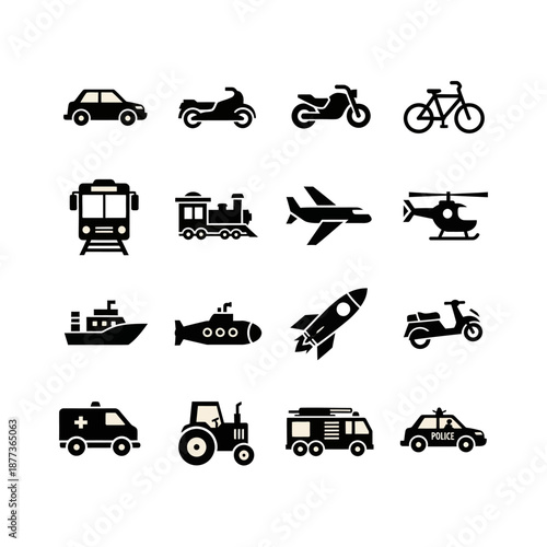 A comprehensive set of black silhouette icons depicting various modes of transportation.