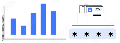 Data management through a bar chart and secure resume storage concept. Data analysis supports decision-making, and data protection safeguards sensitive information. For HR, analytics, security