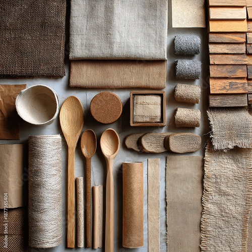 Top-down view of natural material home items, fabric and wooden tableware life aesthetics scene, handmade style home decor
