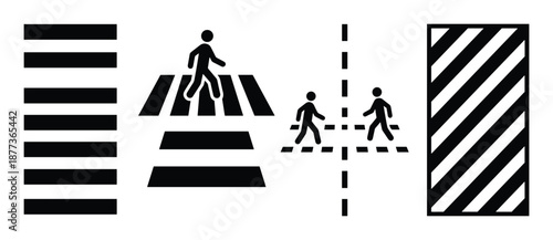 Crosswalk vector symbols. People walking on the pedestrian crossing. Zebra and dotted line markings.