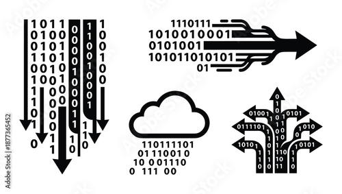 Data stream and cloud computing concept with binary code icons for digital information flow. Vector illustration.