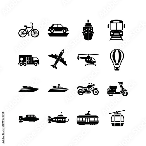 Collection of black silhouette icons representing various modes of transportation.