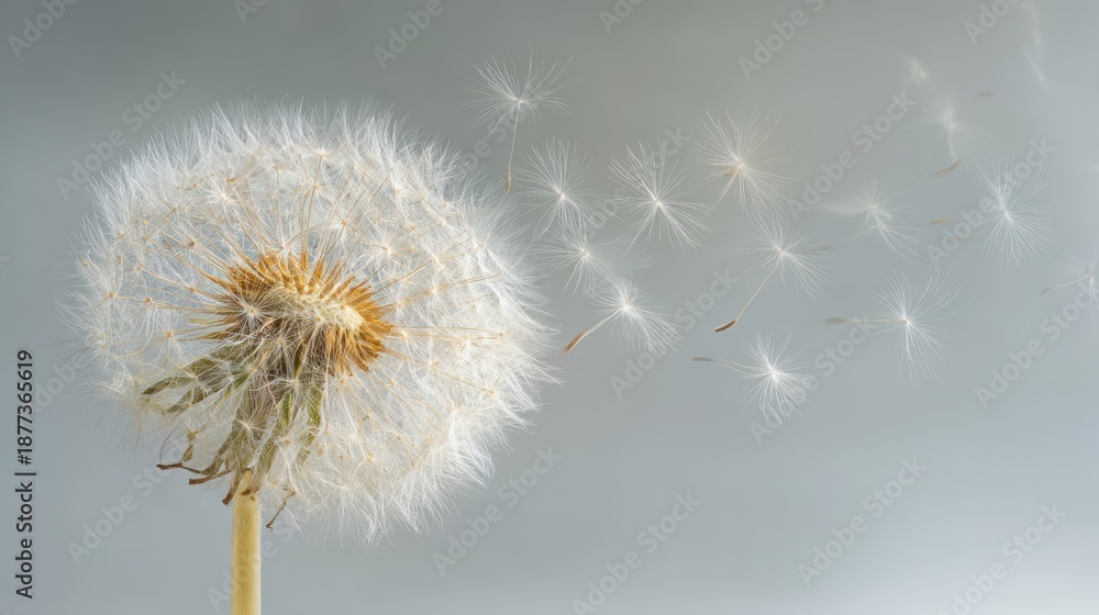 Obraz premium Whispering Wishes: A dandelion clock, delicate and ethereal, releases its seeds into the breeze, conveying the fleeting beauty of nature and the ephemeral quality of time.