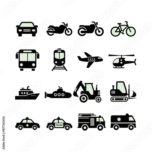 A comprehensive collection of black silhouette icons depicting various modes of transportation including land, air, and sea vehicles.