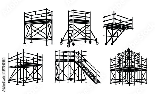Detailed scaffolding structures illustration featuring construction platforms, staircase scaffolding, and mobile scaffolding.