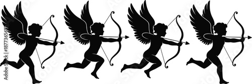 Cupid angel archer silhouette set illustration, flying love god with bow and arrow poses, romantic mythology symbols isolated on white background