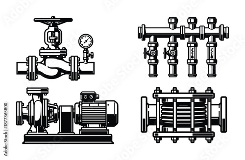 Detailed vector graphic of plumbing equipment and components. Ideal for technical diagrams or engineering illustrations.