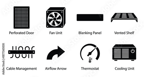 Detailed vector icons illustrating server rack components, including cooling, cable management, and airflow systems.