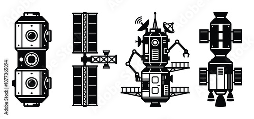 Set of space station icons in linear style. Space explorations and satellite concepts