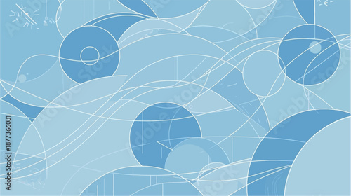 Abstract blue background with overlapping circles, wavy lines, and subtle geometric patterns creating a cool, fluid design.