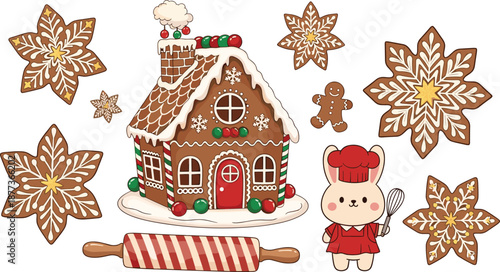 Cute Christmas gingerbread house illustration with bunny baker, cookies, rolling pin and festive decorations, sweet holiday cartoon dessert background