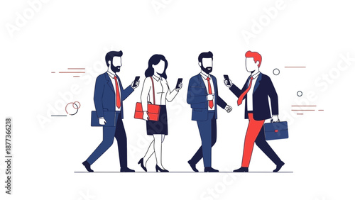 Business People Walking With Smartphones, Technology and Connection Concept