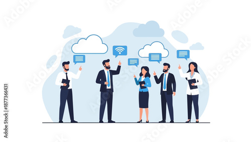 Business Team Communicating with Cloud Technology and Wi-Fi