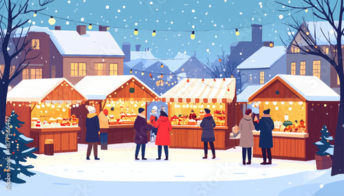 Festive winter market scene with people browsing stalls adorned with lights during snowfall