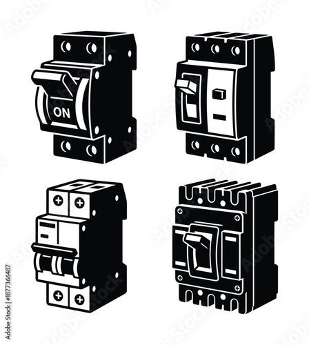 Electrical circuit breakers vector illustration set. Electrical equipment and safety switch to on and off.