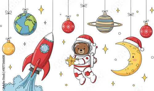 Cute Christmas space illustration with astronaut bear, rocket, planets and hanging ornaments, festive holiday cartoon, kids winter design, whimsical cosmic decor