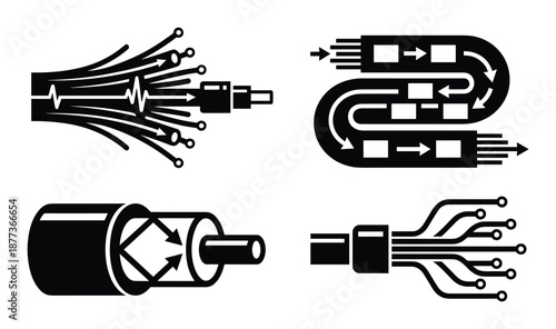 Fiber optic cable icons showing data flow and communication technology in a vector diagram.