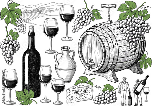Vintage wine making illustration with grapes barrel bottles glasses cheese and vineyard scenery detailed hand drawn vector isolated on white background