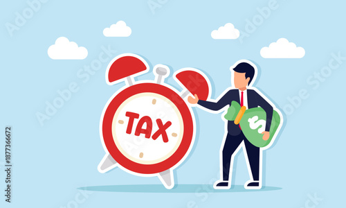 Businessman carrying a sack of money standing near a tax alarm clock illustration of a reminder for corporate taxpayers to pay business taxes
