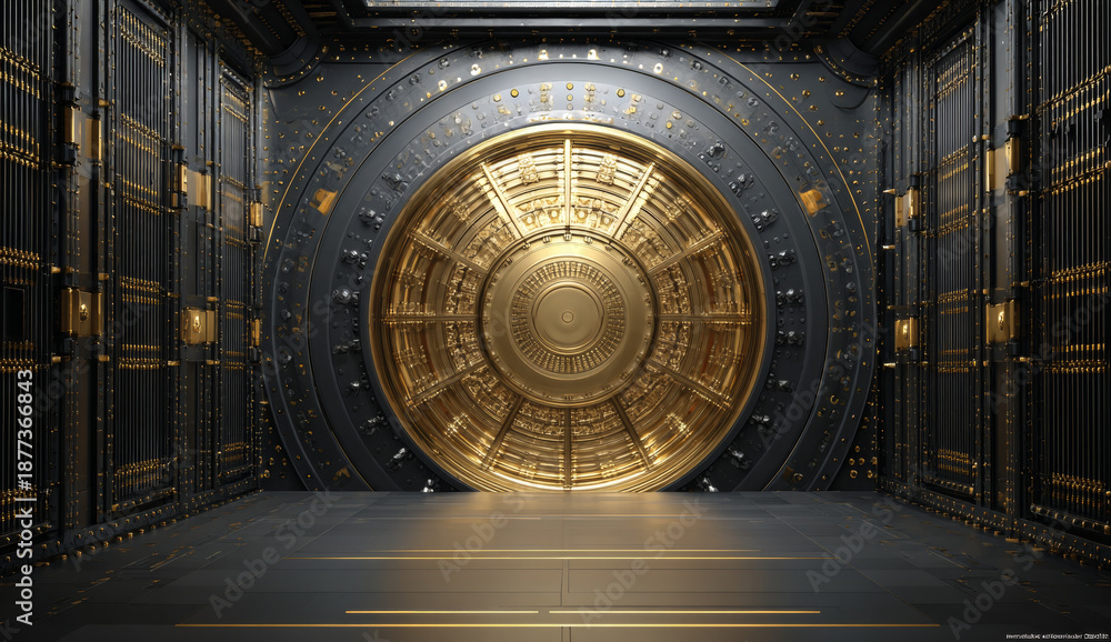 custom made wallpaper toronto digitalHuge vault door with intricate golden circular design, textured metallic surface, and elaborate pattern in a secure storage facility