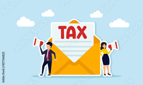 Businessman and businesswoman promoting a tax envelope using a megaphone illustration of education and promotion for corporate tax payment