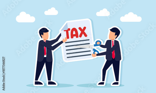 Businessman cutting tax document with scissors held by another businessman illustration of paying corporate tax obligations or tax amnesty