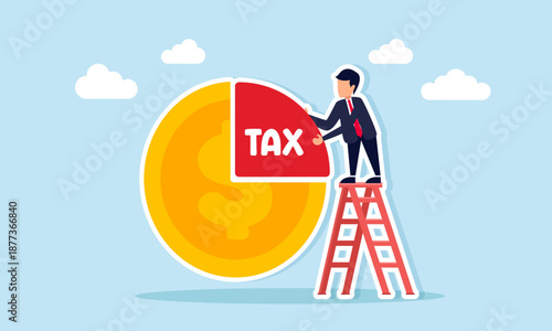 Businessman climbing stairs to take a small portion of a dollar coin labeled tax illustration of paying taxes from part of corporate profit