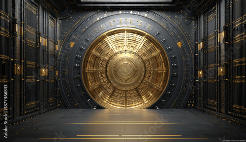 Wallpaper Mural Huge vault door with intricate golden circular design, textured metallic surface, and elaborate pattern in a secure storage facility Torontodigital.ca