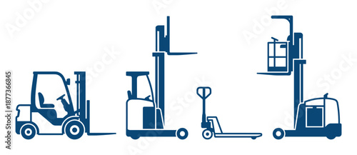 Forklift trucks set vector illustration. Includes heavy vehicles collection, warehouse equipment icons in blue color design.