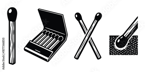 Matchstick set in black and white vector illustration with burning example