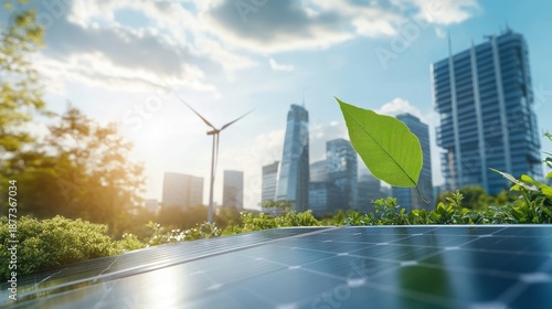 56.Clean Energy for Transportation. Wind Turbine and Solar Panel. Green Leaf Blowing in Sky. Renewable Energy to Businesses, People, and Smart City. New Generation of Power. Clean and Environmental