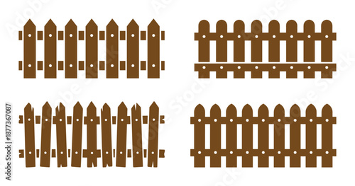 Four different brown wooden fence designs with various picket shapes and horizontal supports illustration.
