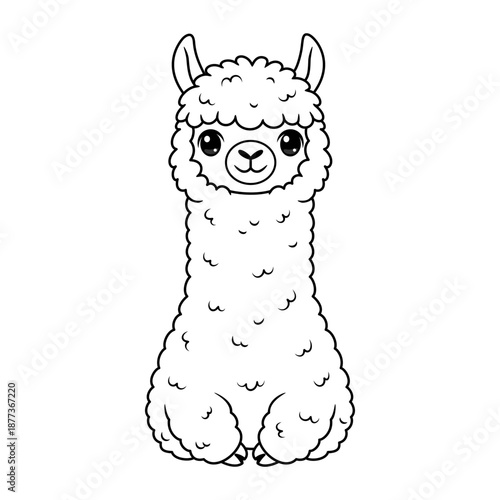 Cute fluffy alpaca coloring page for kids, vector illustration