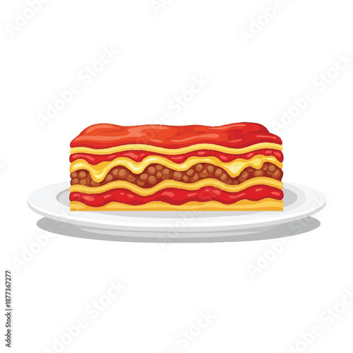 A digital illustration of a layered lasagna on a white plate against a plain white background with a subtle shadow effect.