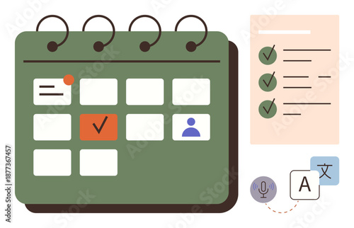 Time management, task planning, organization tools, scheduling, productivity, language translation. A calendar with marked dates, a checklist, and translation icons planning and multilingual usage