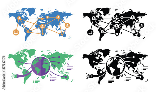 Global network connection graphics set featuring world map, people, computers, and fiber optic internet technology.
