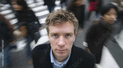 Focused Man in a White Suit Holding a Red Circular Sign Against a Pink Wall