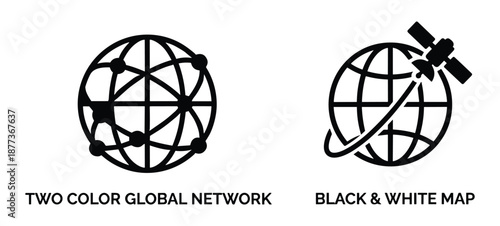Graphic vector illustration of a global network and earth map with satellite in black and white color.