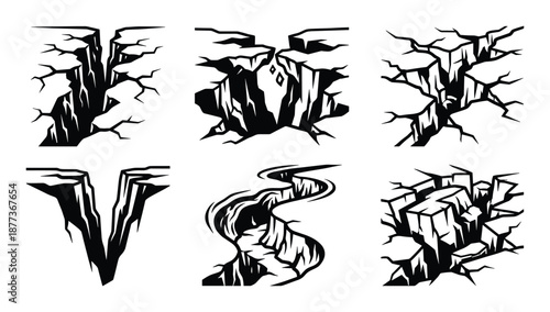 Ground cracks vector set. Earthquake effects, damage fracture surface, broken land with black line drawing, hole set.