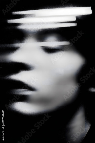 Abstract monochrome portrait of a human face with glitch effects and light streaks
