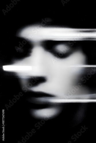 Abstract monochrome portrait of a human face with glitch effects and light streaks