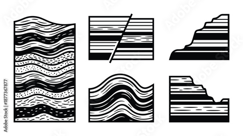 Illustrated rock strata diagrams showcasing geological formations, including fault lines and folded layers.