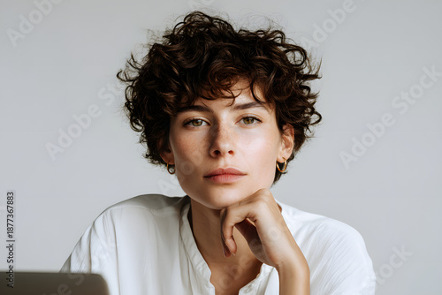 Modern portrait series of a short-haired woman with natural freckles, posing thoughtfully against minimal studio backgrounds